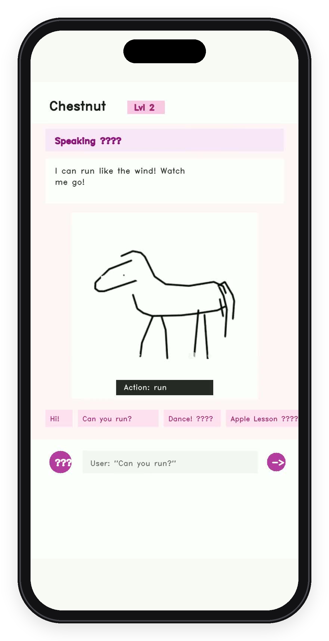 An early build of the Scribblie app showing a drawn horse named Chestnut replying to a child